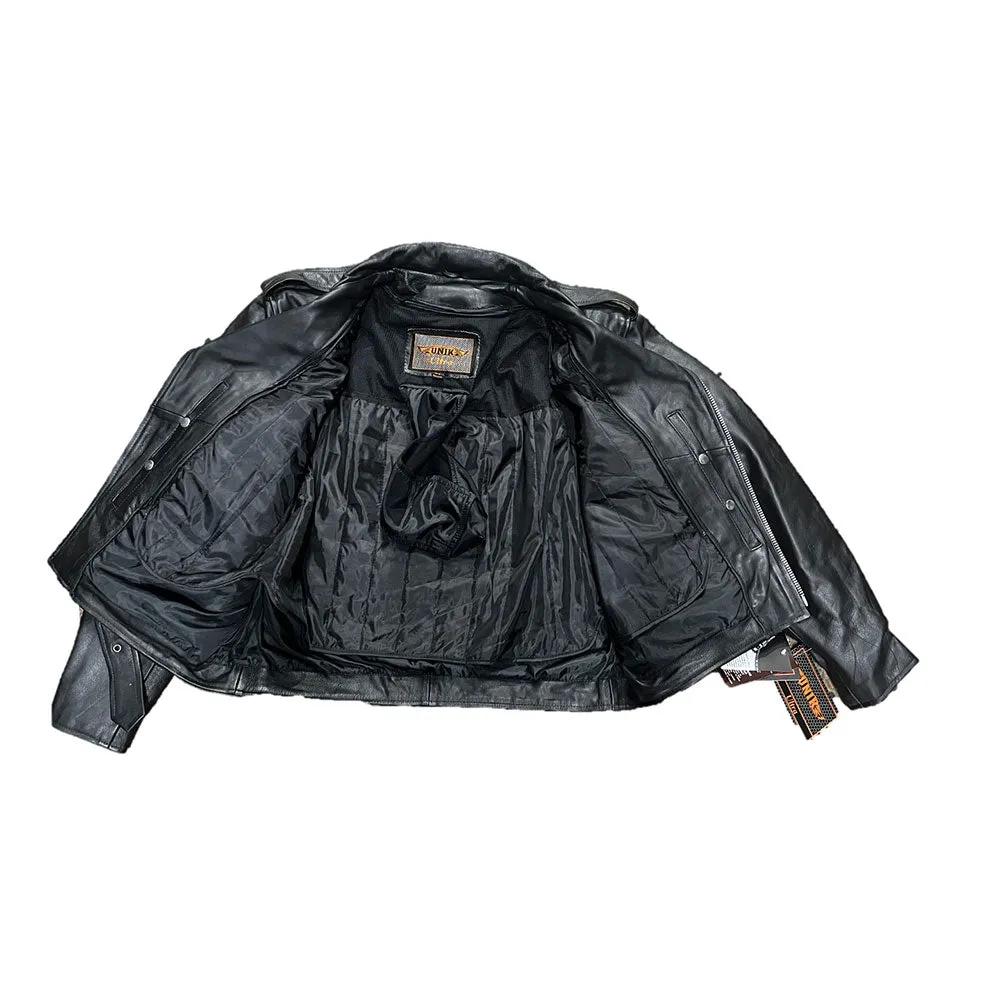 It features practical elements such as a full removable belt, multiple pockets including two inside concealed carry pockets, and zippered cuffs.