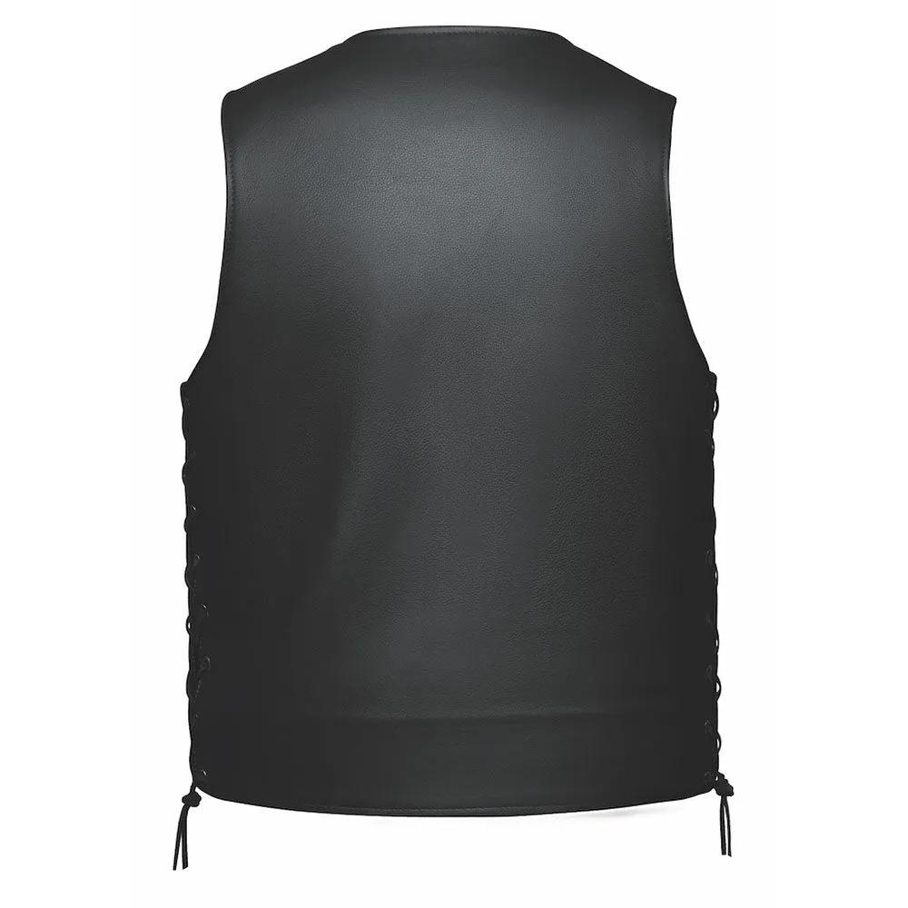 Made from cowhide leather, it includes two exterior pockets, two interior concealed carry pockets, Buffalo Nickel snaps, side laces for adjustability, and a plain-sided one-panel back, making it suitable for a variety of occasions.