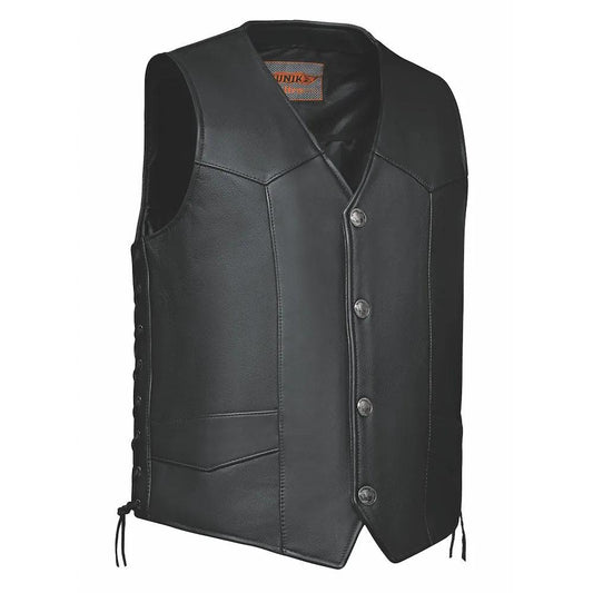 Made from cowhide leather, it includes two exterior pockets, two interior concealed carry pockets, Buffalo Nickel snaps, side laces for adjustability, and a plain-sided one-panel back, making it suitable for a variety of occasions.