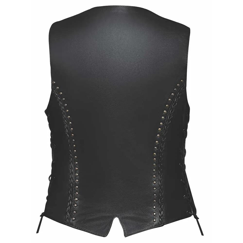 The Ladies Premium Stud and Braided vest by Unik Premium combines durable cowhide leather construction, stud and braid detailing, two exterior pockets, two interior concealed carry pockets, side laces for fit adjustment, silver hardware, and a classic black color.