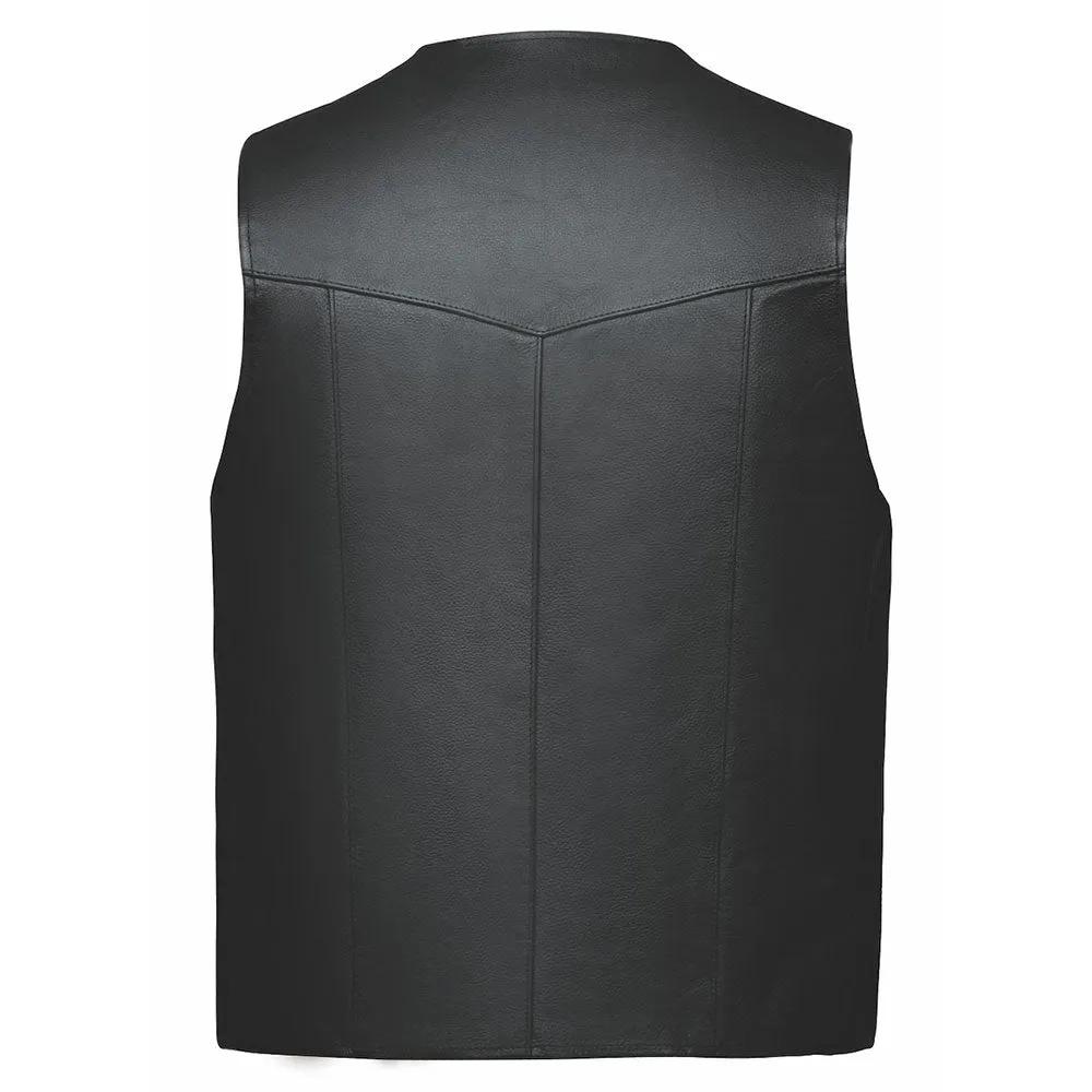 Made from cowhide leather, it includes two exterior pockets, two interior concealed carry pockets, black hardware for a polished look, and plain sides for comfort,
