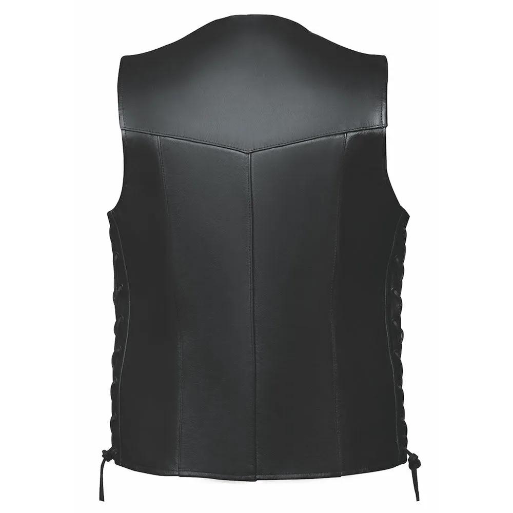 Crafted from cowhide leather, it features two exterior pockets, two interior concealed carry pockets, side laces for adjustability, and black hardware for a polished look, suitable for various occasions.