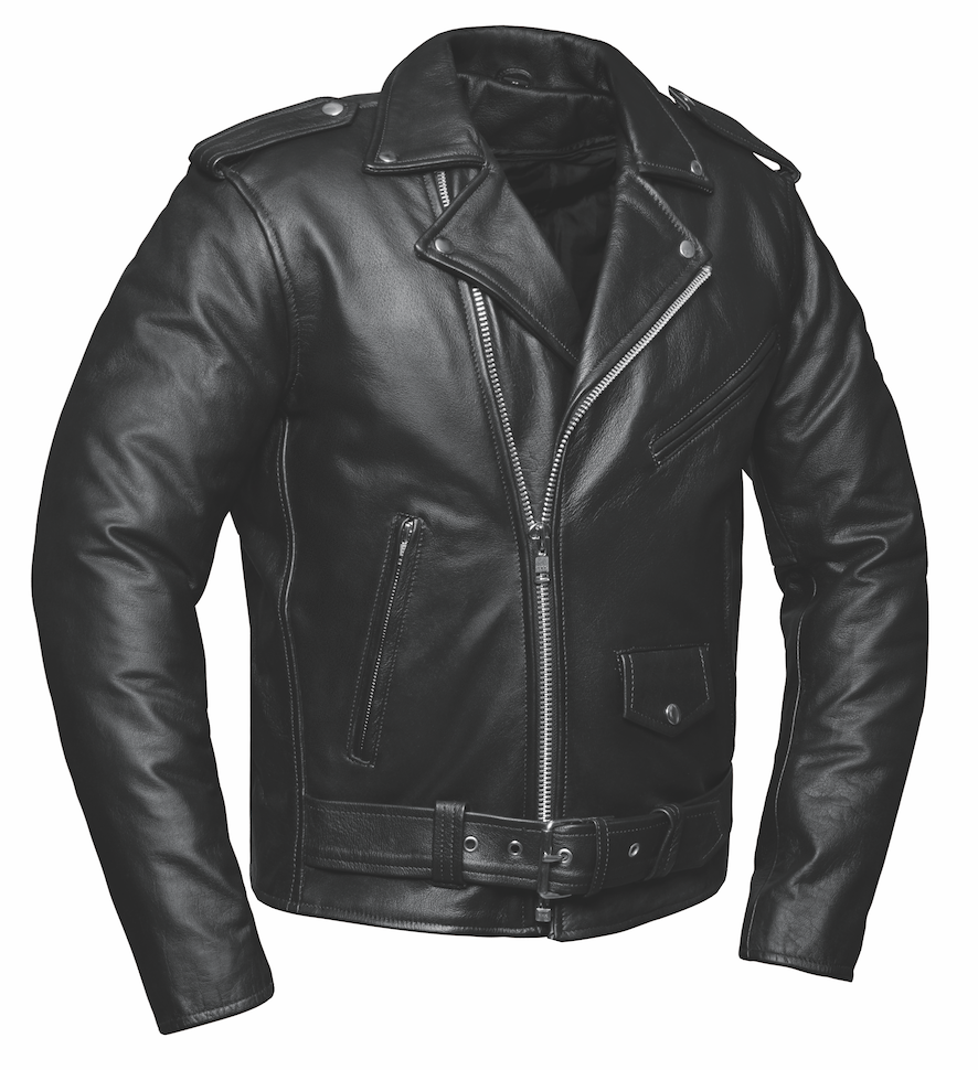 Black motorcycle leather jacket on a white background