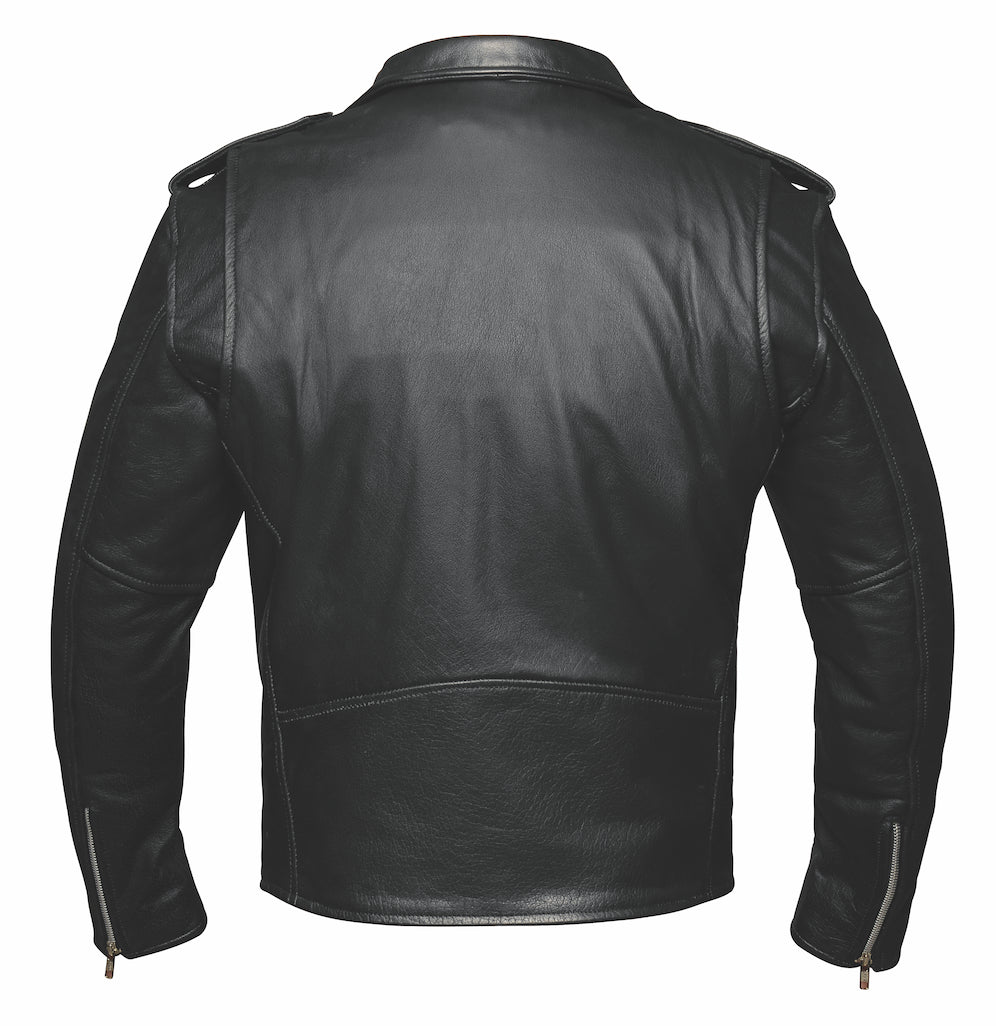 Black motorcycle leather jacket on a white background