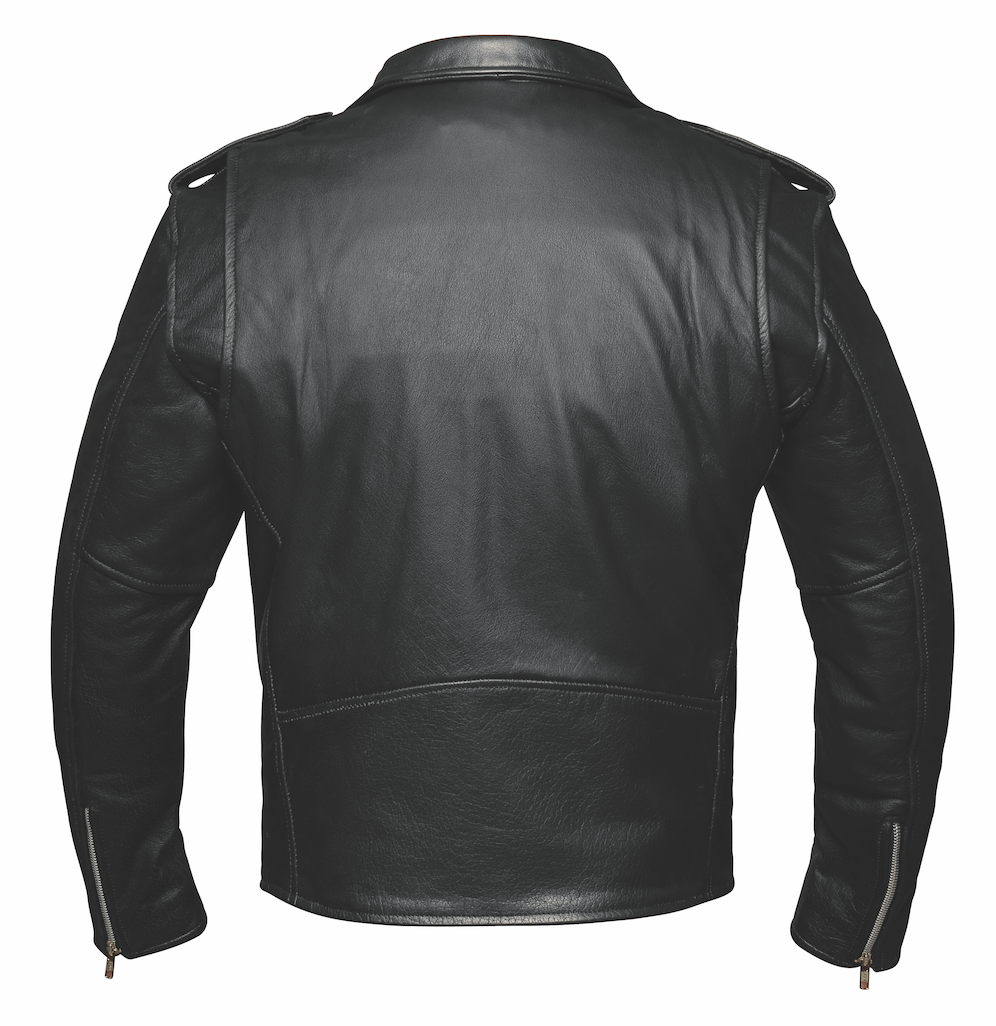 Black motorcycle leather jacket on a white background