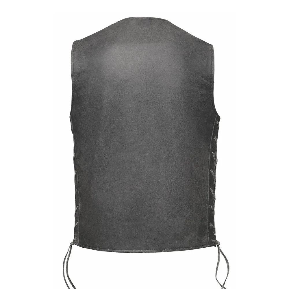 . Crafted from genuine buffalo leather and meticulously designed in Pakistan, this vest features a sophisticated gray color reminiscent of timeless style. Ideal for motorcycle enthusiasts and those seeking versatile fashion, it offers practicality with its array of pockets
