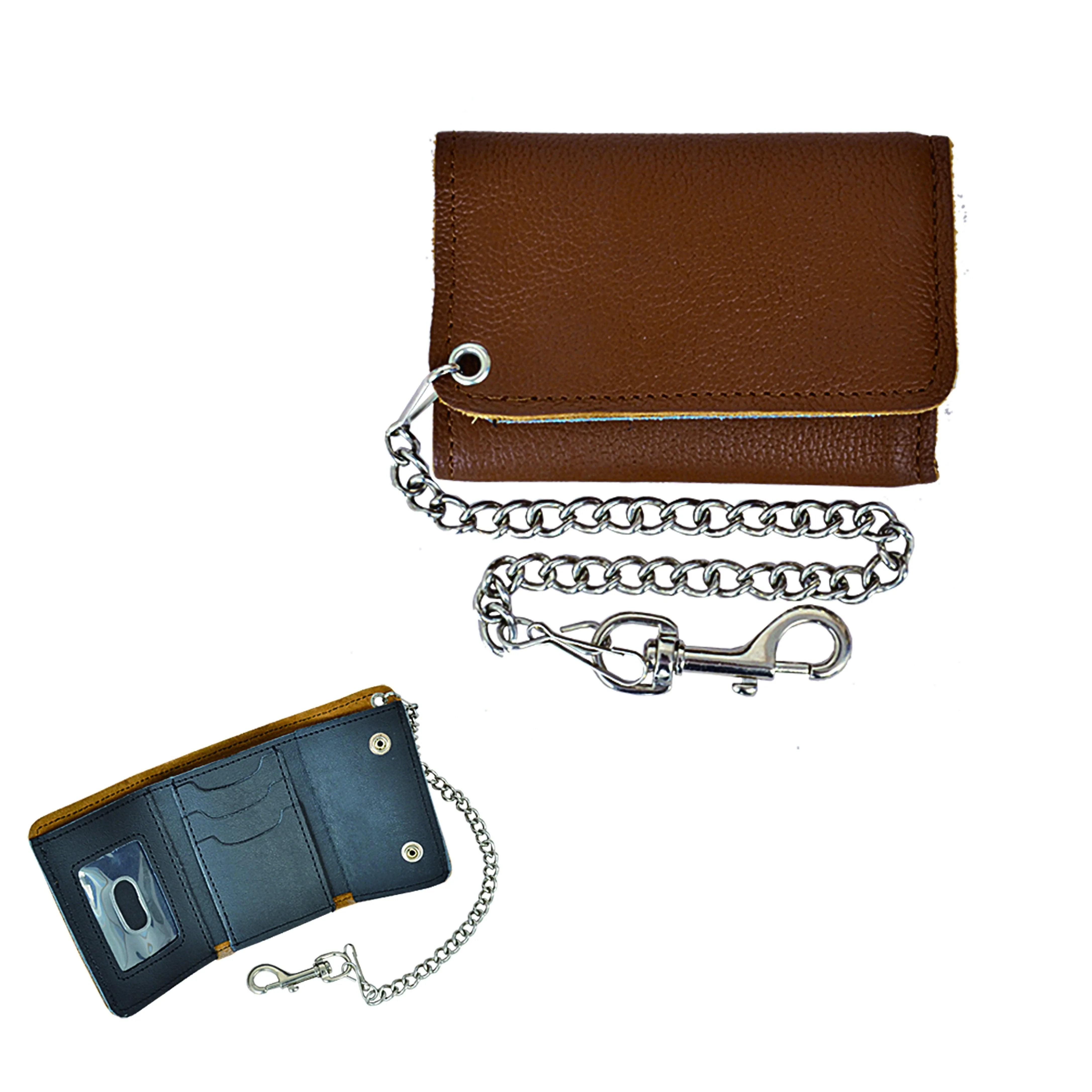 Crafted from premium leather, these wallets feature a chain attachment that adds a bold statement while securing your essentials.