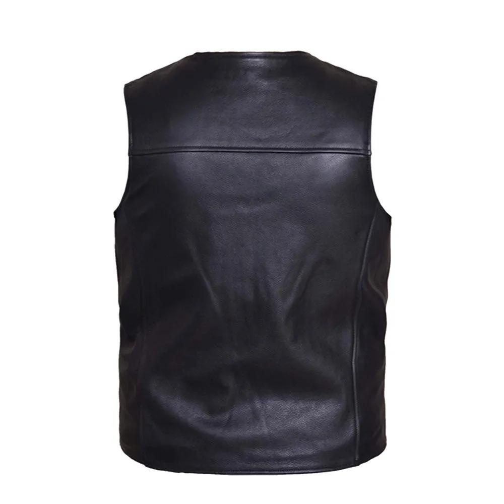 . Made from cowhide leather, it includes two zippered exterior pockets, two concealed carry pockets, Buffalo Nickel snaps, silver hardware, side zips for adjustability, and a sleek black color, ensuring versatility and style for various settings.