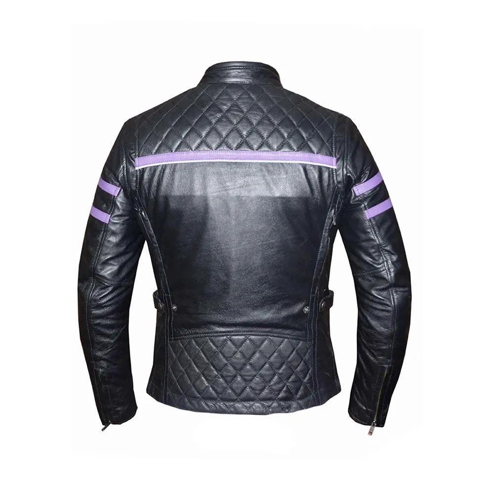 Crafted from cowhide leather in a striking black and purple color combination, this jacket combines bold design with practical features, making it a standout piece in any wardrobe