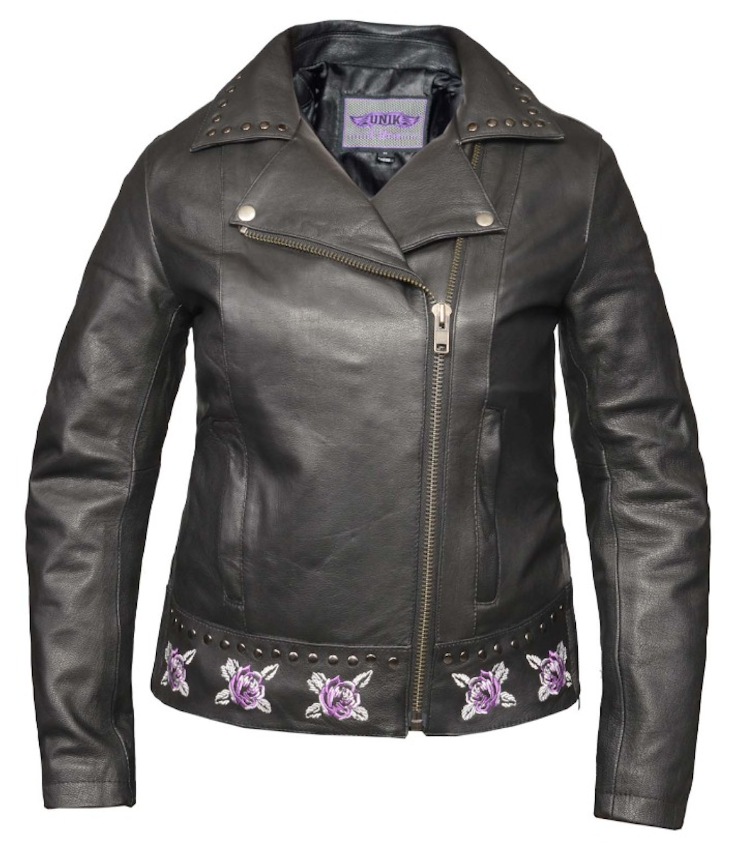 Black leather jacket with floral embroidery on a white background