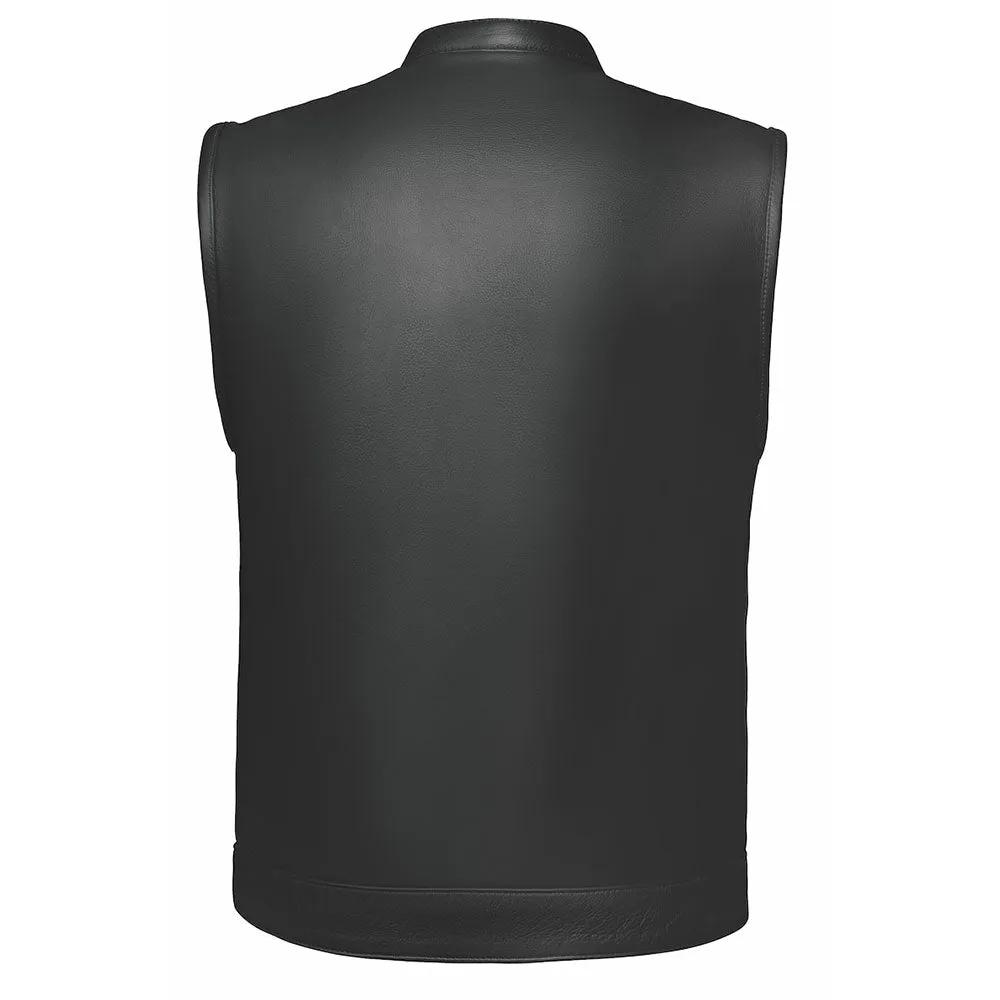 The Men's Ultra SOA Style Club Vest by Unik Ultra blends iconic design with practical features. Made from cowhide leather, it includes four exterior pockets, two inside concealed carry pockets, a zip snap main closure