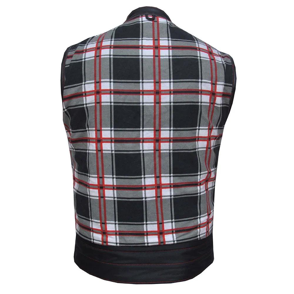 . Made from cowhide leather with a black and red flannel lining, it includes four exterior pockets, two inside concealed carry pockets, a zip snap main closure, antique brass hardware