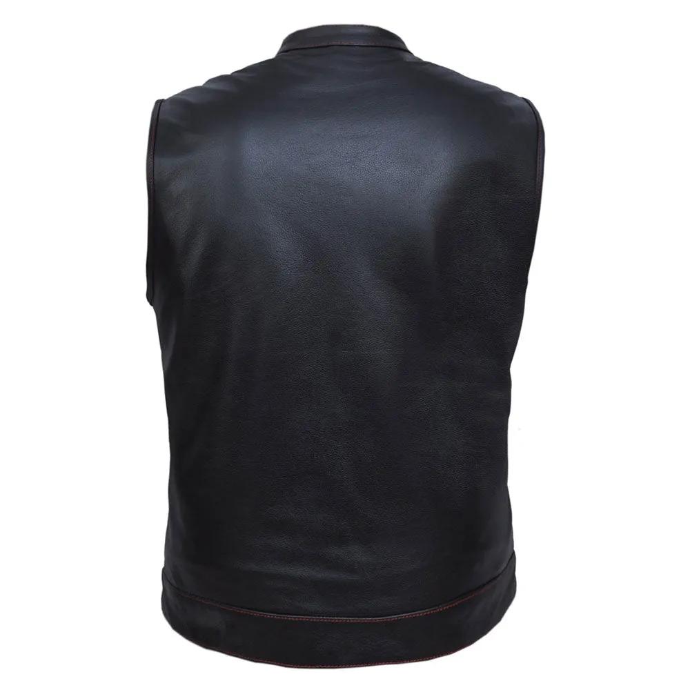 . Made from cowhide leather with a black and red flannel lining, it includes four exterior pockets, two inside concealed carry pockets, a zip snap main closure, antique brass hardware