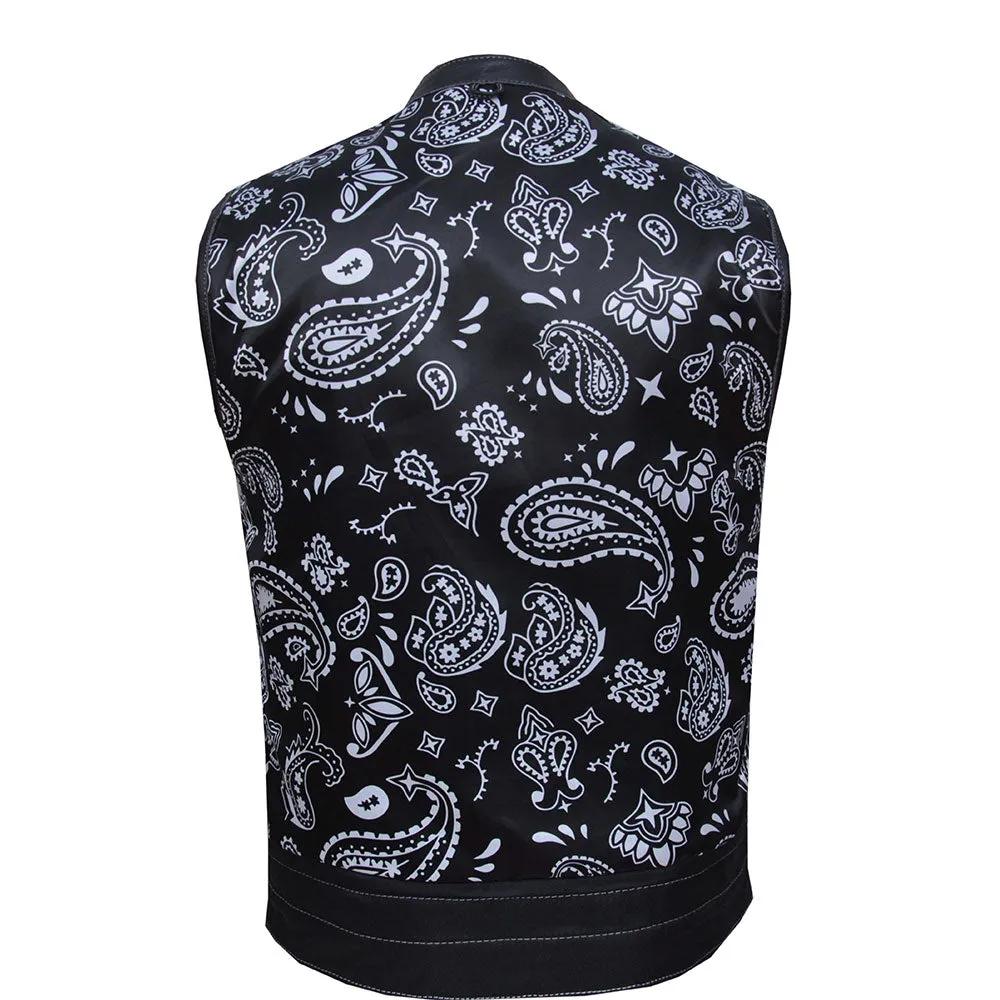 Made from cowhide leather with a black and white paisley lining, it includes four exterior pockets, two inside concealed carry pockets, a zip snap main closure, antique brass hardware, and a one-panel back, providing sophistication, versatility, and functionality for various settings.