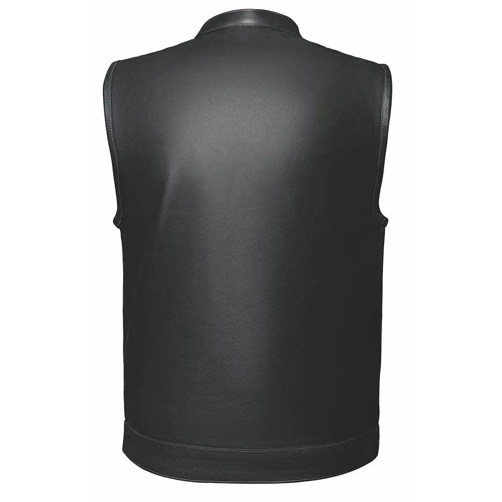 Made from cowhide leather with a USA flag liner, it includes four exterior pockets, two inside concealed carry pockets, a zip snap main closure, antique brass hardware