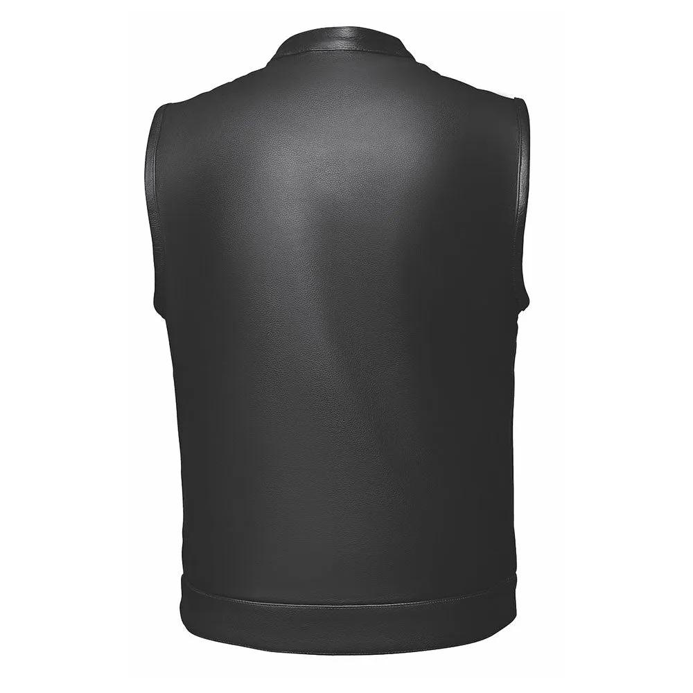 . Made from cowhide leather, it includes two exterior pockets, two inside concealed carry pockets, a zip snap main closure, antique brass hardware, and a one-panel back, providing versatility and functionality suitable for various settings.