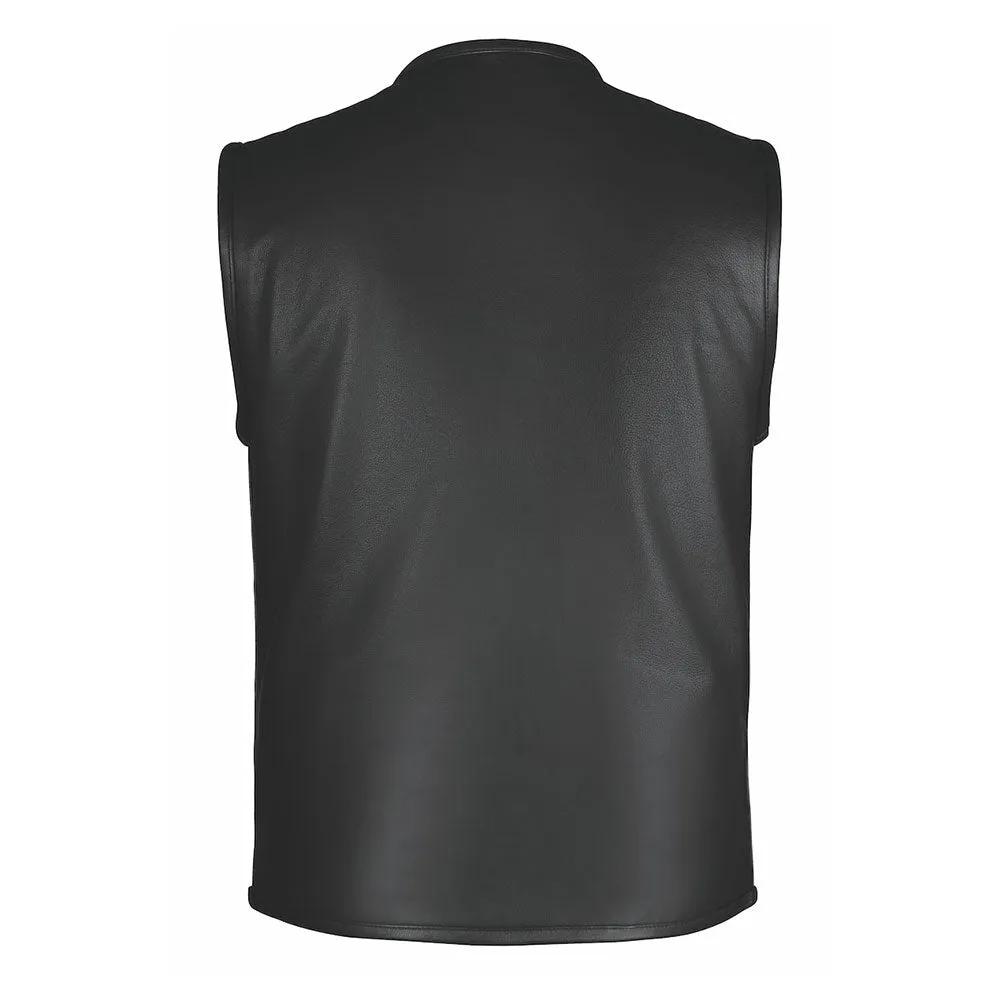 Made from cowhide leather, it features two outside chest pockets, two hand warmer pockets, two inside concealed carry pockets, a front zipper closure, black hardware, and a one-panel back, providing practicality and a timeless aesthetic.