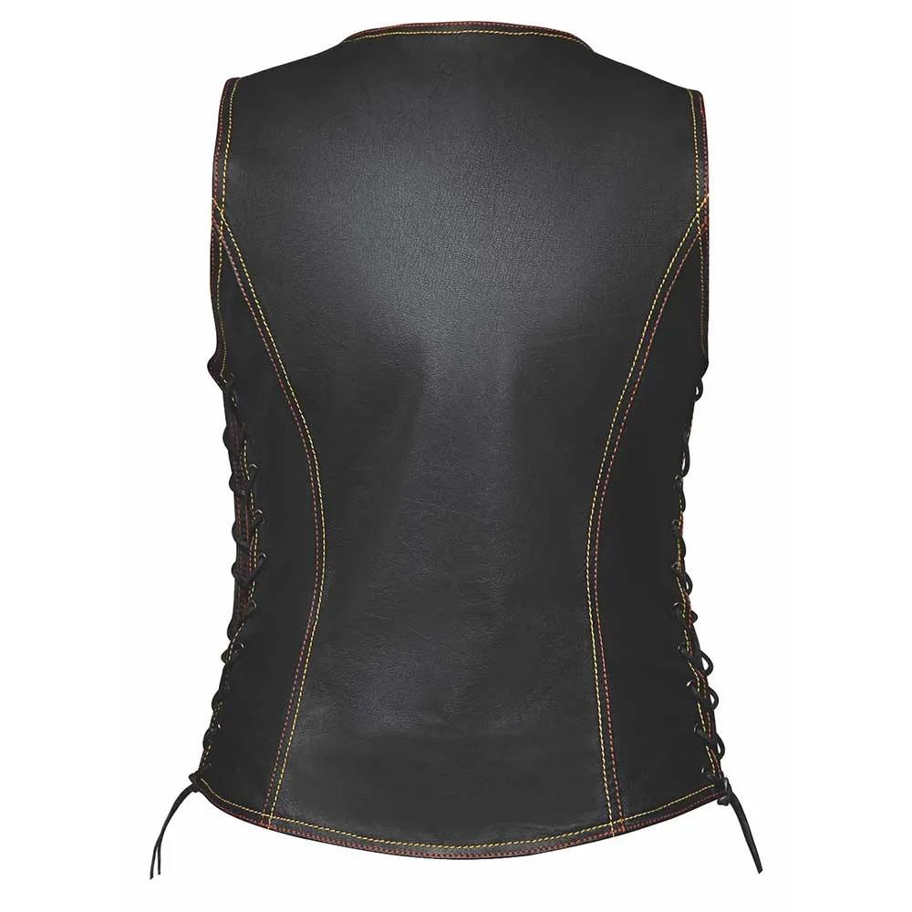 Unik Premium features a red and gold paisley liner, two exterior zippered pockets, two interior concealed carry pockets, a flattering fit with side laces, silver hardware, and is available in sizes XS to 5XL.