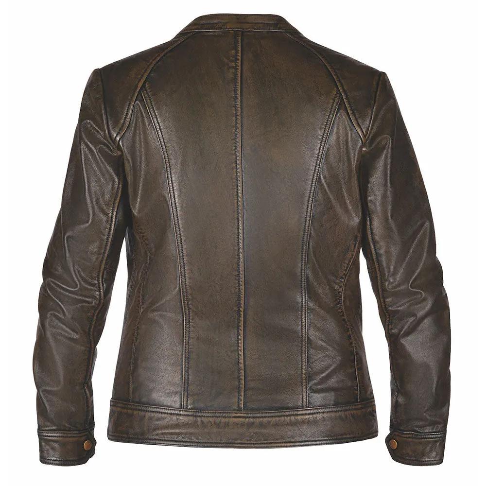 Crafted from luxurious lambskin leather in a rich brown hue, this jacket epitomizes sophistication and versatility. It features three exterior zippered pockets and two inside pockets, providing ample storage for your essentials while maintaining a sleek silhouette