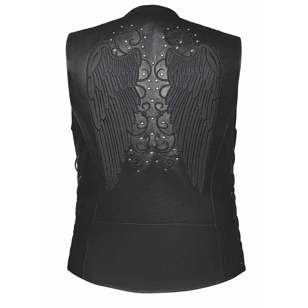 Unik Premium features cowhide leather construction, Reflective Tribal Wing stud & embroidery design on the back, Antique Silver hardware, side laces for fit, 2 exterior pockets, 2 interior concealed carry pockets, and is available in sizes XS to 5XL.