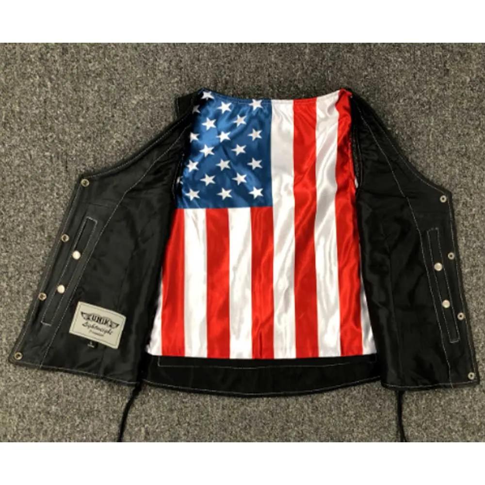 Style # 6890.USA is a symbol of patriotism and style, featuring a ladies' premium vest crafted from lightweight goatskin leather.