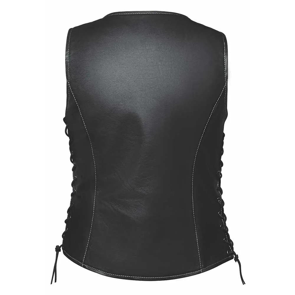 Style # 6890.USA is a symbol of patriotism and style, featuring a ladies' premium vest crafted from lightweight goatskin leather.