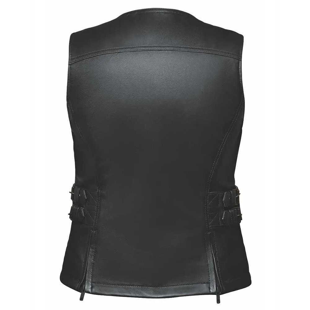 Style # 6893.LA embodies timeless elegance and practicality with a ladies' premium zippered vest crafted from lightweight lambskin leather