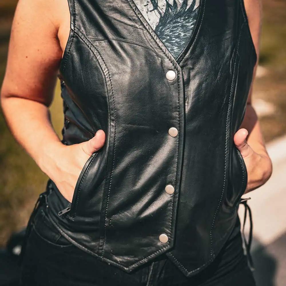 Style # 6897.00 embodies classic sophistication in a ladies' premium traditional vest, crafted from luxurious lambskin leather.