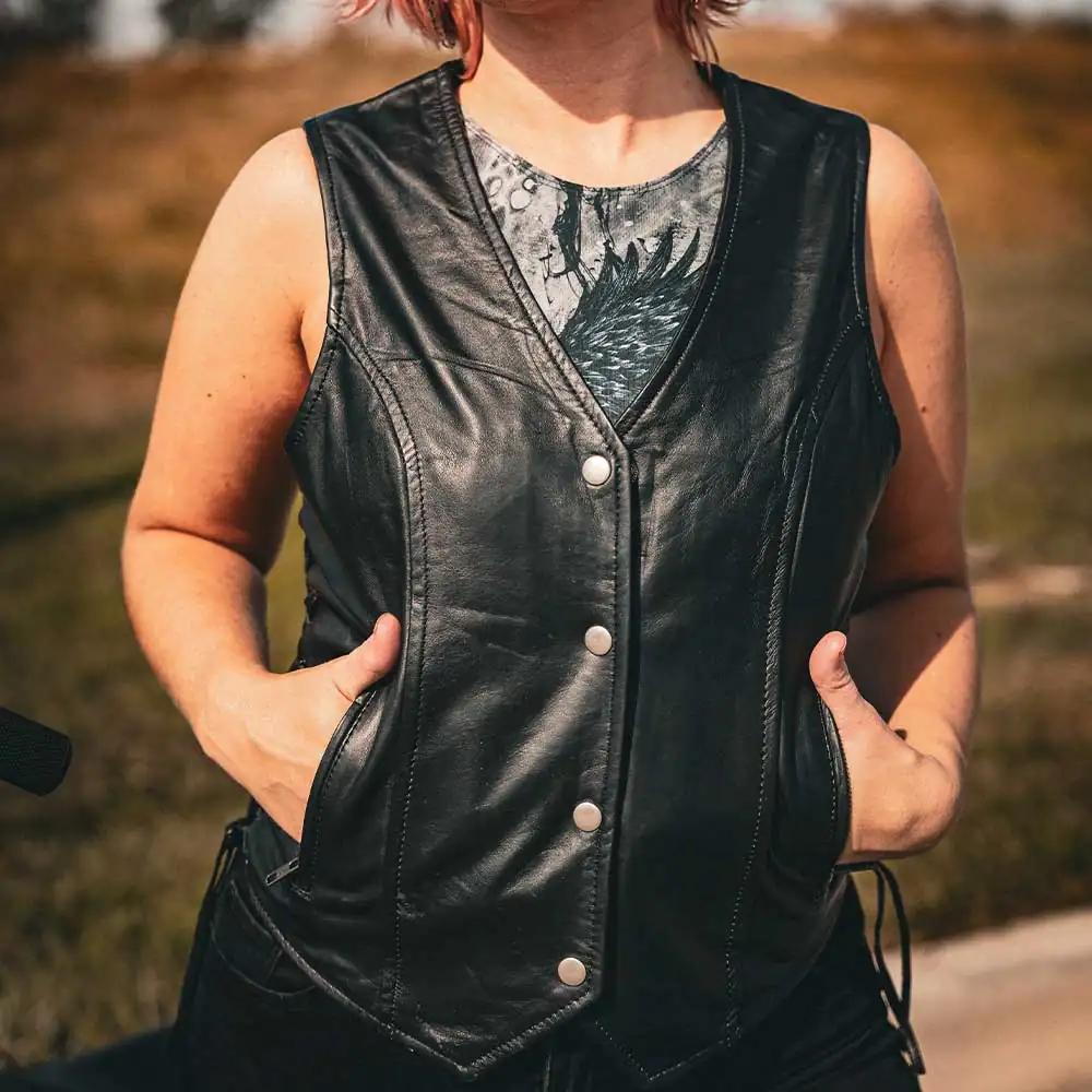 Style # 6897.00 embodies classic sophistication in a ladies' premium traditional vest, crafted from luxurious lambskin leather.