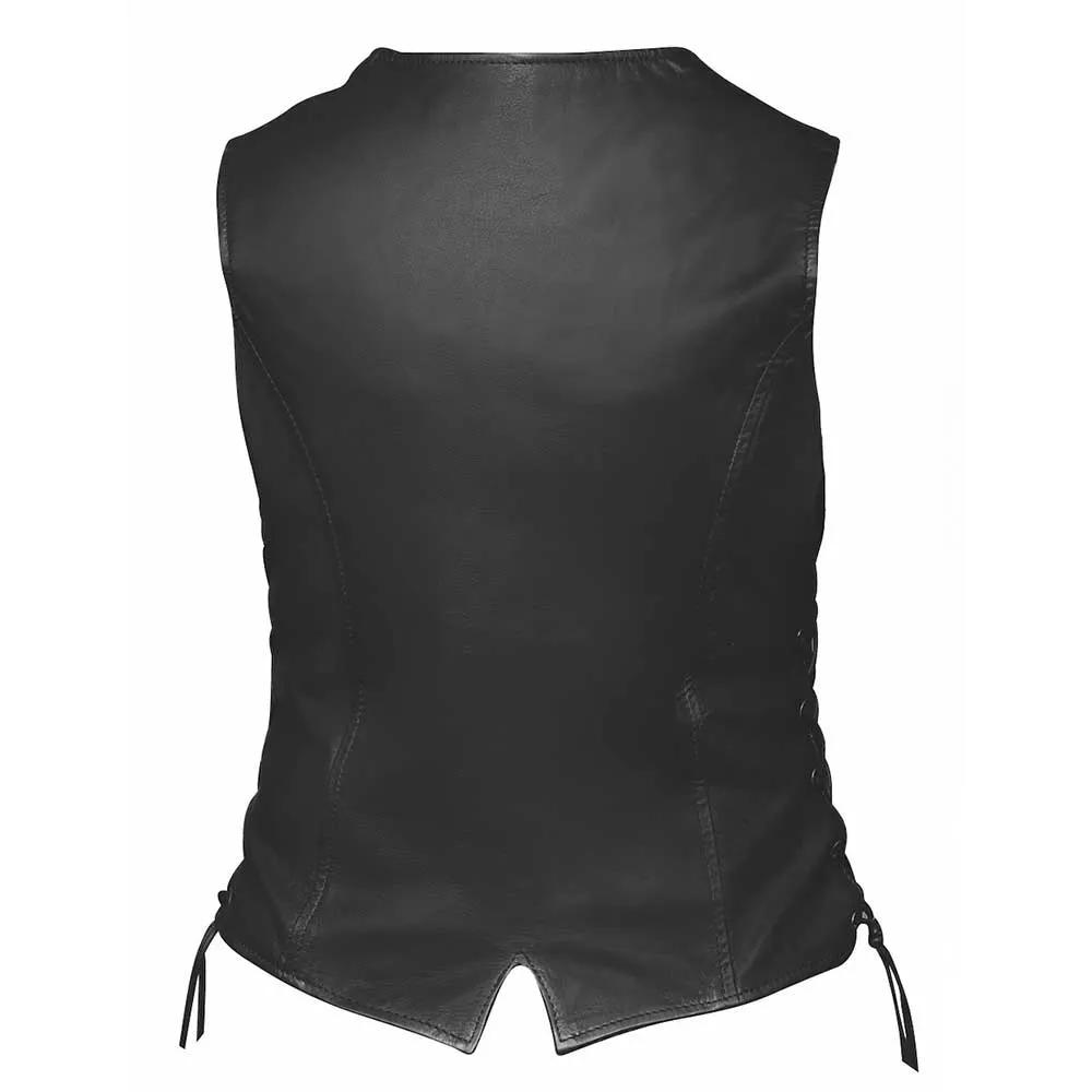 Style # 6897.00 embodies classic sophistication in a ladies' premium traditional vest, crafted from luxurious lambskin leather.
