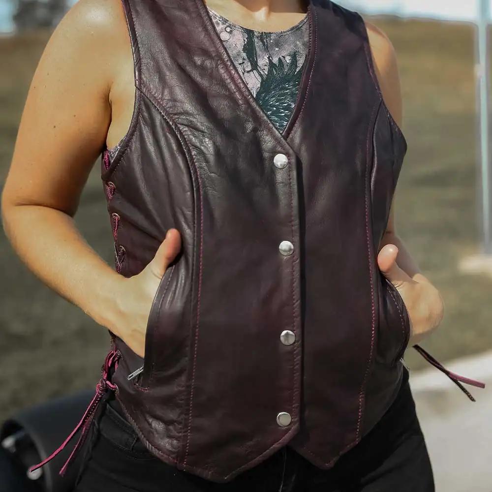 Style # 6897.17 epitomizes timeless elegance and functionality with a ladies' premium traditional vest crafted from luxurious lambskin leather