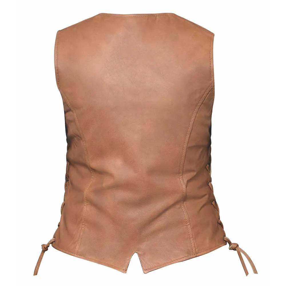 Style # 6897.ANT embodies timeless sophistication with a ladies' premium traditional vest crafted from luxurious lambskin leather.