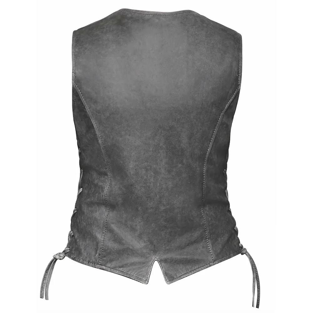 Style # 6897.GY embodies timeless sophistication with a ladies' premium traditional vest crafted from luxurious lambskin leather.