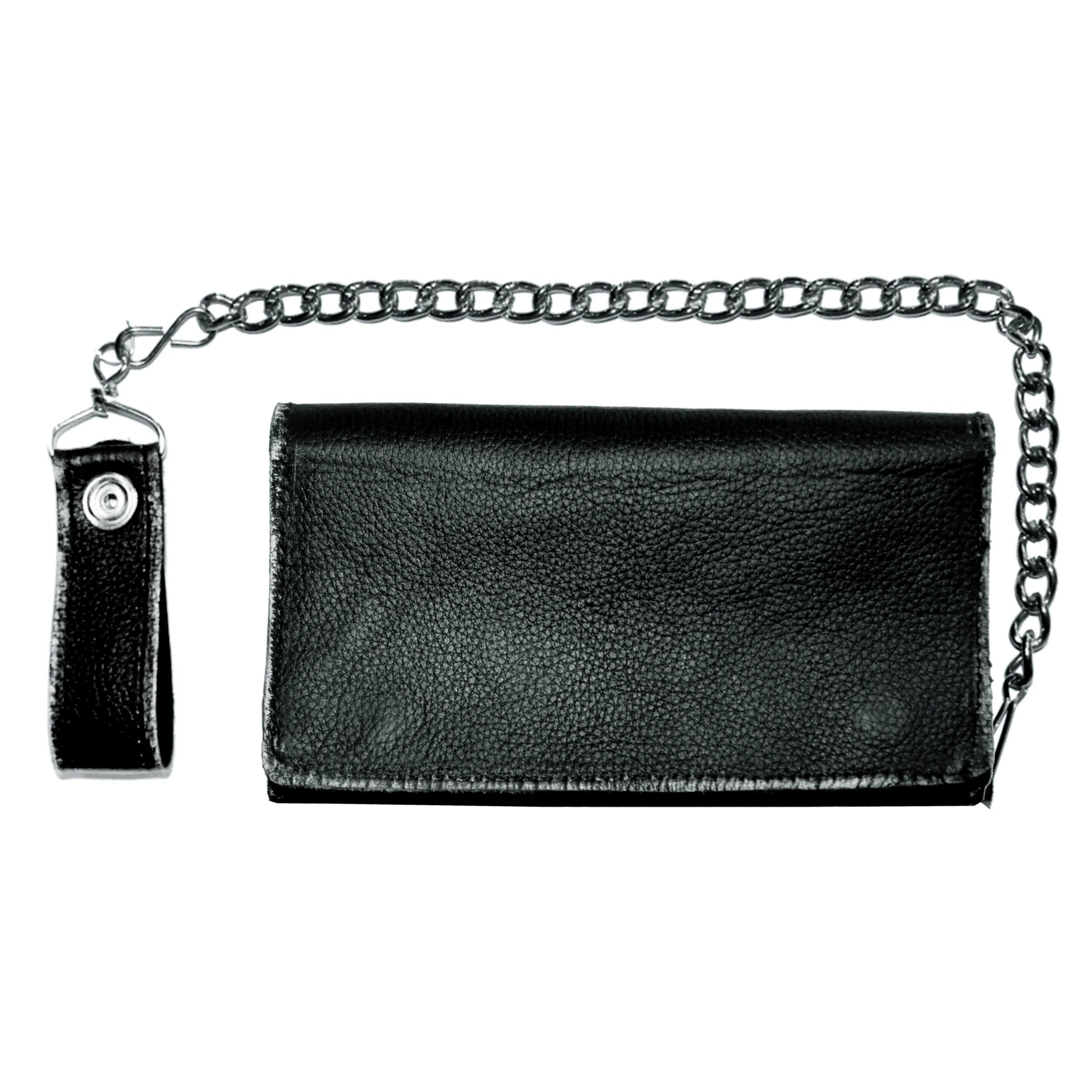 Made from premium leather for durability and a stylish appearance.
Chain attachment for security and an edgy biker look.
Multiple compartments for cards, cash, and coins.
