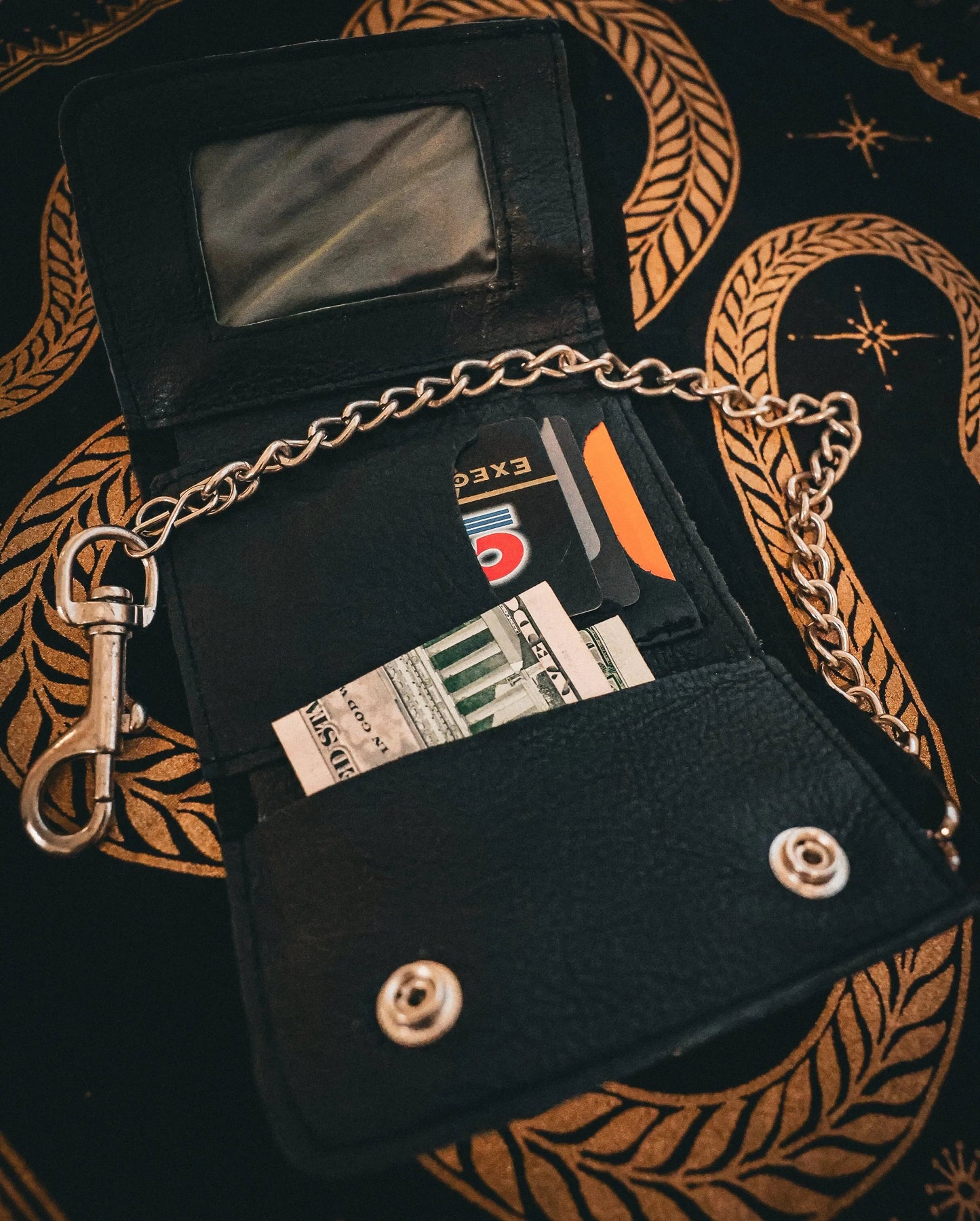 Black Leather Trifold Biker Chain Wallet
