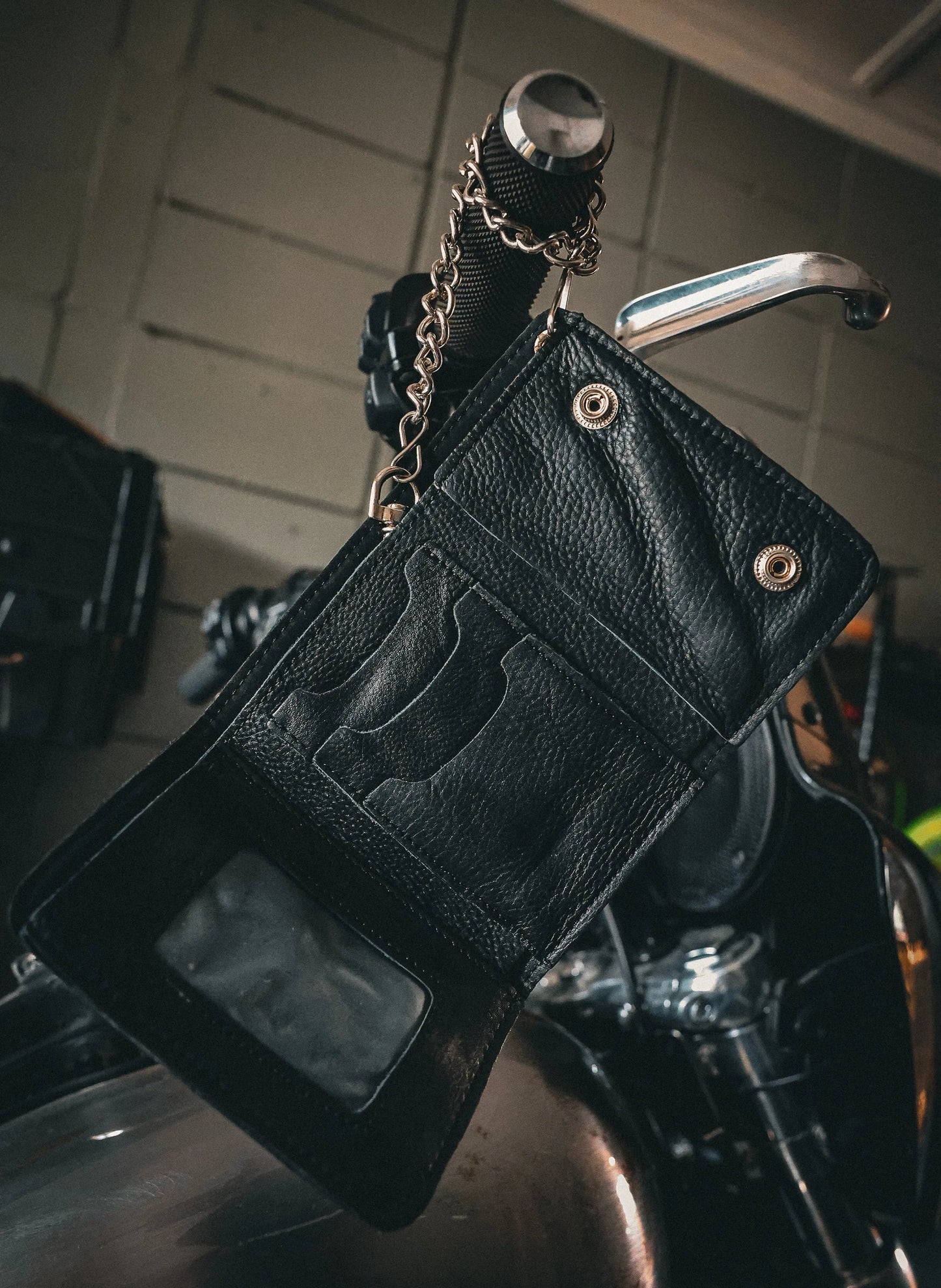 Black Leather Trifold Biker Chain Wallet