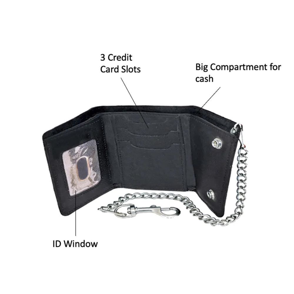 Made from premium leather for durability and a stylish appearance.
Chain attachment for security and an edgy biker look.