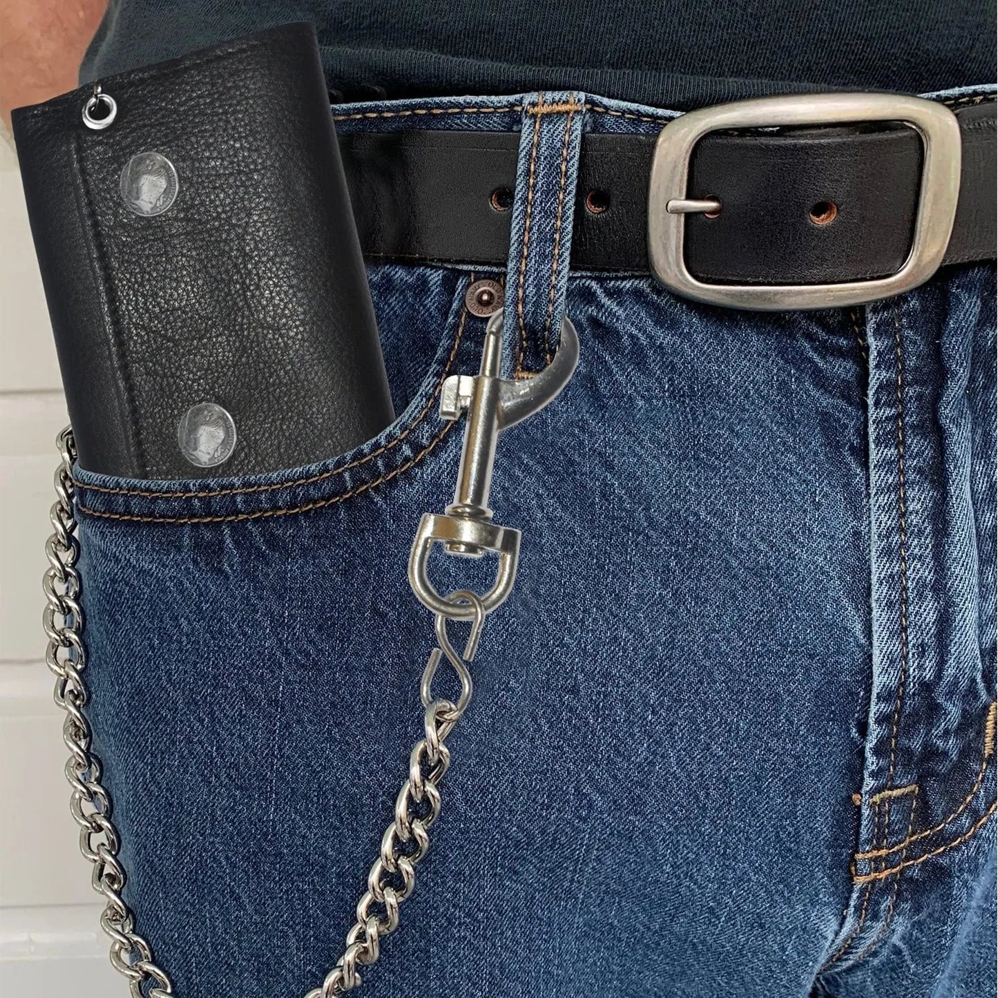Black Leather Trifold Biker Chain Wallet
