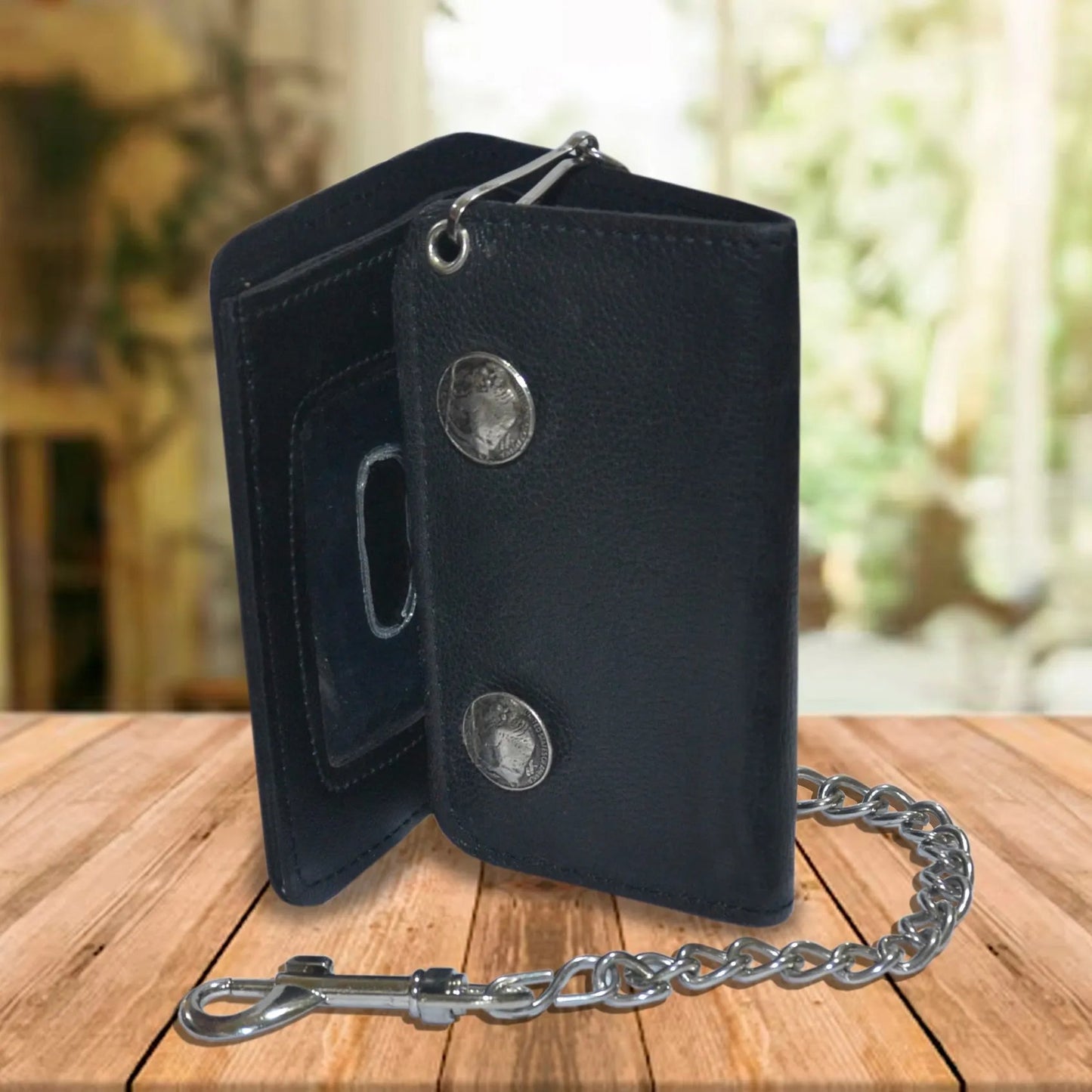 Black Leather Trifold Biker Chain Wallet