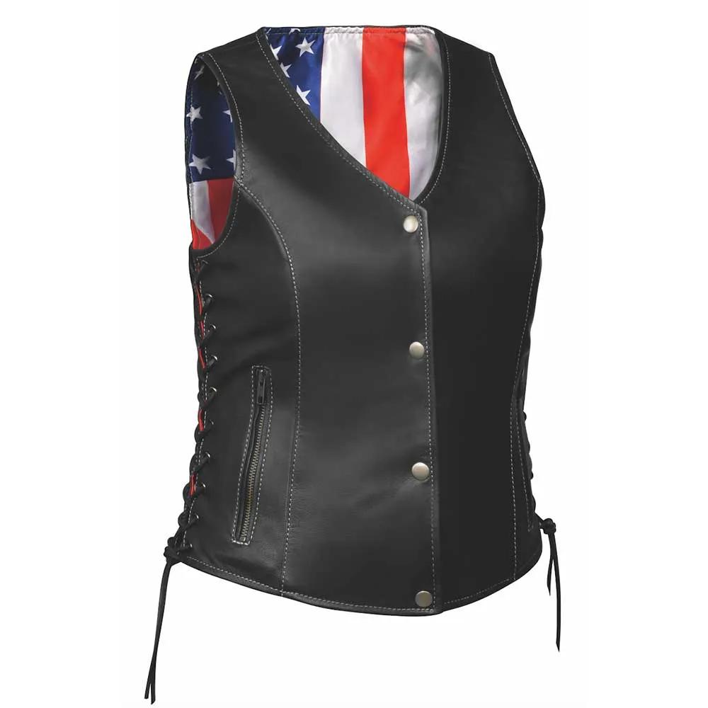 Style # 6890.USA is a symbol of patriotism and style, featuring a ladies' premium vest crafted from lightweight goatskin leather.