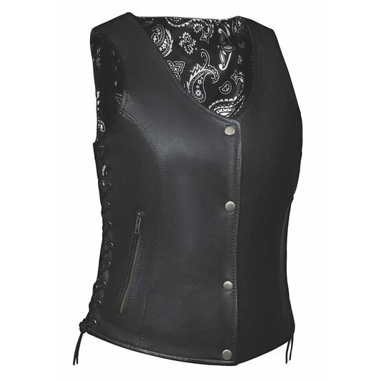 Unik Lightweight Premium features soft goatskin leather construction, black and white paisley liner, silver hardware, 2 exterior zippered pockets, 2 interior concealed carry pockets, side laces for fit adjustment, and is available in sizes XS to 5XL.