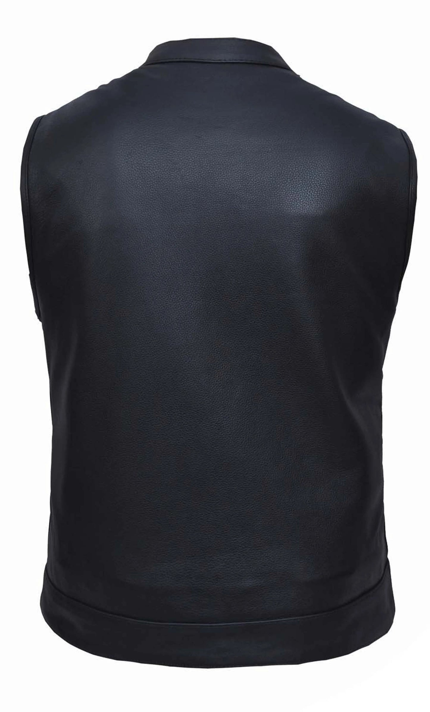 Men’s black leather motorcycle vest featuring an interior Arizona state flag liner, front snap closures, and side lacing for a custom fit