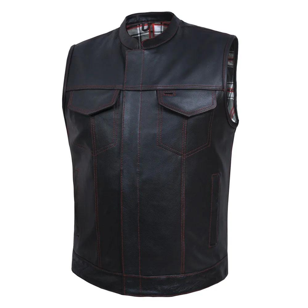 . Made from cowhide leather with a black and red flannel lining, it includes four exterior pockets, two inside concealed carry pockets, a zip snap main closure, antique brass hardware