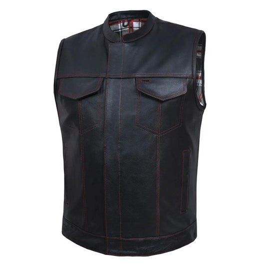 . Made from cowhide leather with a black and red flannel lining, it includes four exterior pockets, two inside concealed carry pockets, a zip snap main closure, antique brass hardware