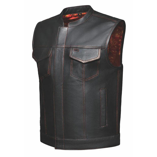 Made from cowhide leather with a red and gold paisley lining, it includes four exterior pockets, two inside concealed carry pockets, a zip snap main closure, antique brass hardware, and a one-panel back, providing versatility and functionality for various settings.