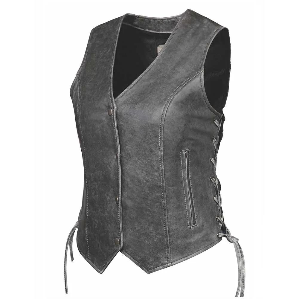 Style # 6897.GY embodies timeless sophistication with a ladies' premium traditional vest crafted from luxurious lambskin leather.