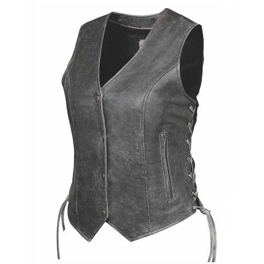 Style # 6897.GY embodies timeless sophistication with a ladies' premium traditional vest crafted from luxurious lambskin leather.