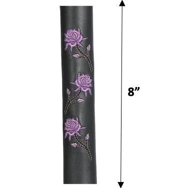 Black cylindrical product with purple floral embroidery