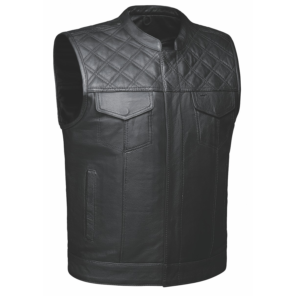 Made from cowhide leather with a diamond stitch pattern, it includes four exterior pockets, two inside concealed carry pockets, a zip snap main closure.