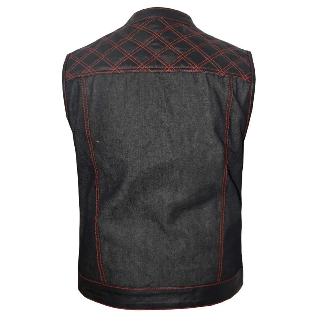 Black denim vest with red design